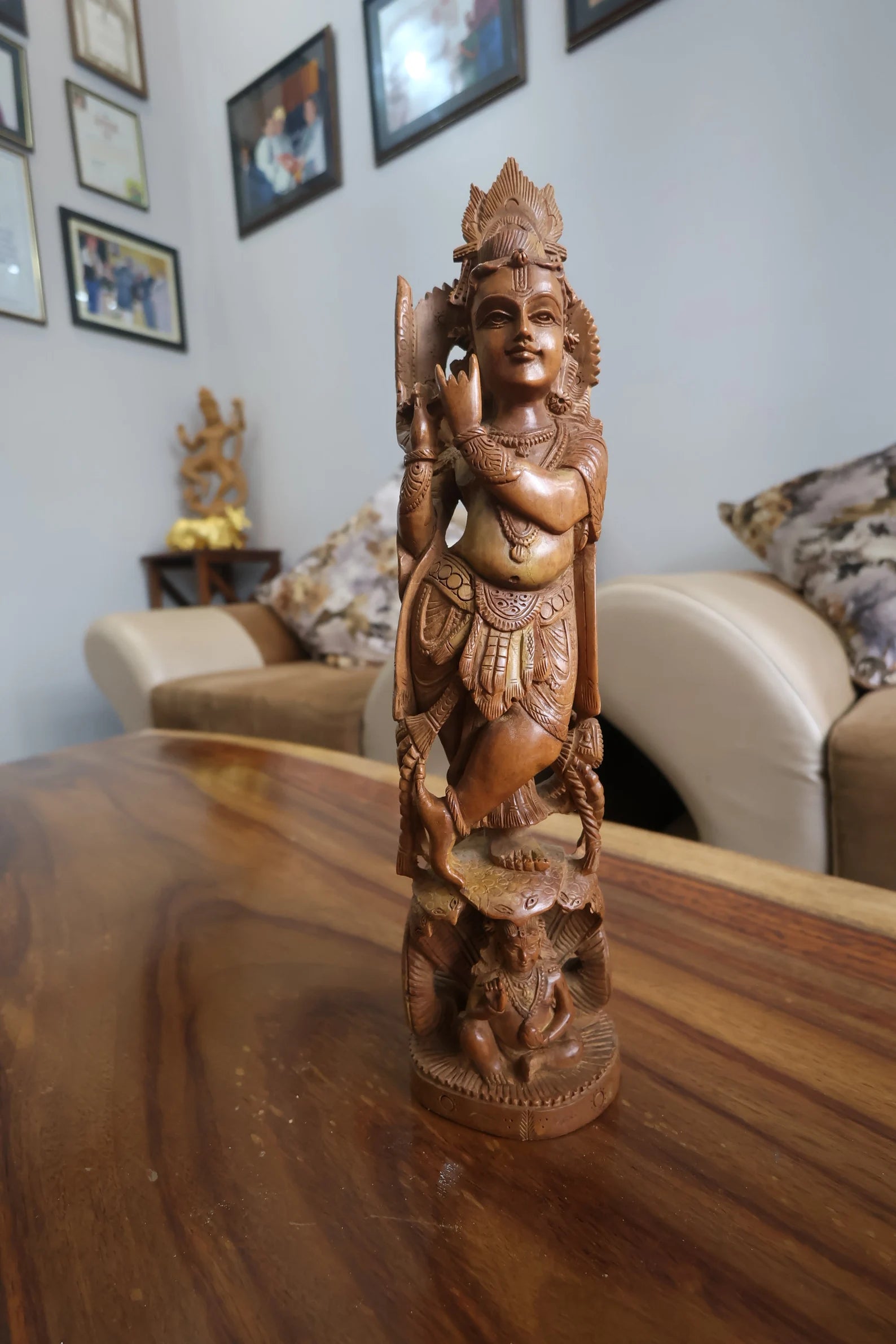 Rare Vintage Sandalwood Carved Krishna Statue Collective Piece With Beautiful Calm Face - Malji Arts