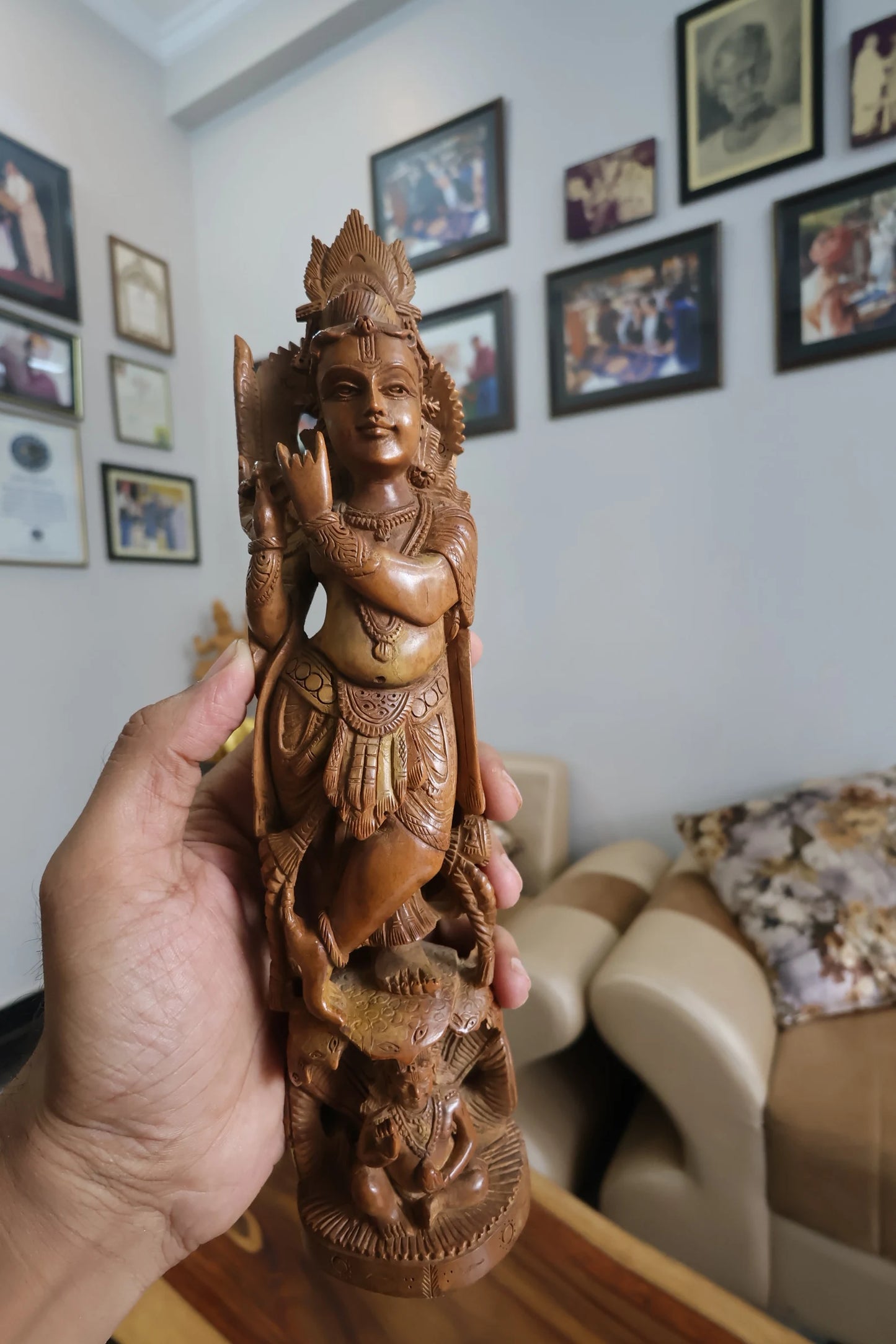 Rare Vintage Sandalwood Carved Krishna Statue Collective Piece With Beautiful Calm Face - Malji Arts