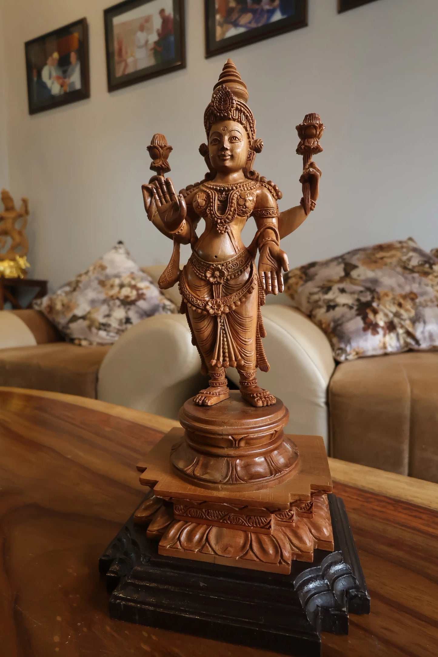 Sandalwood Carved Rare Goddess Laxmi Statue - Malji Arts