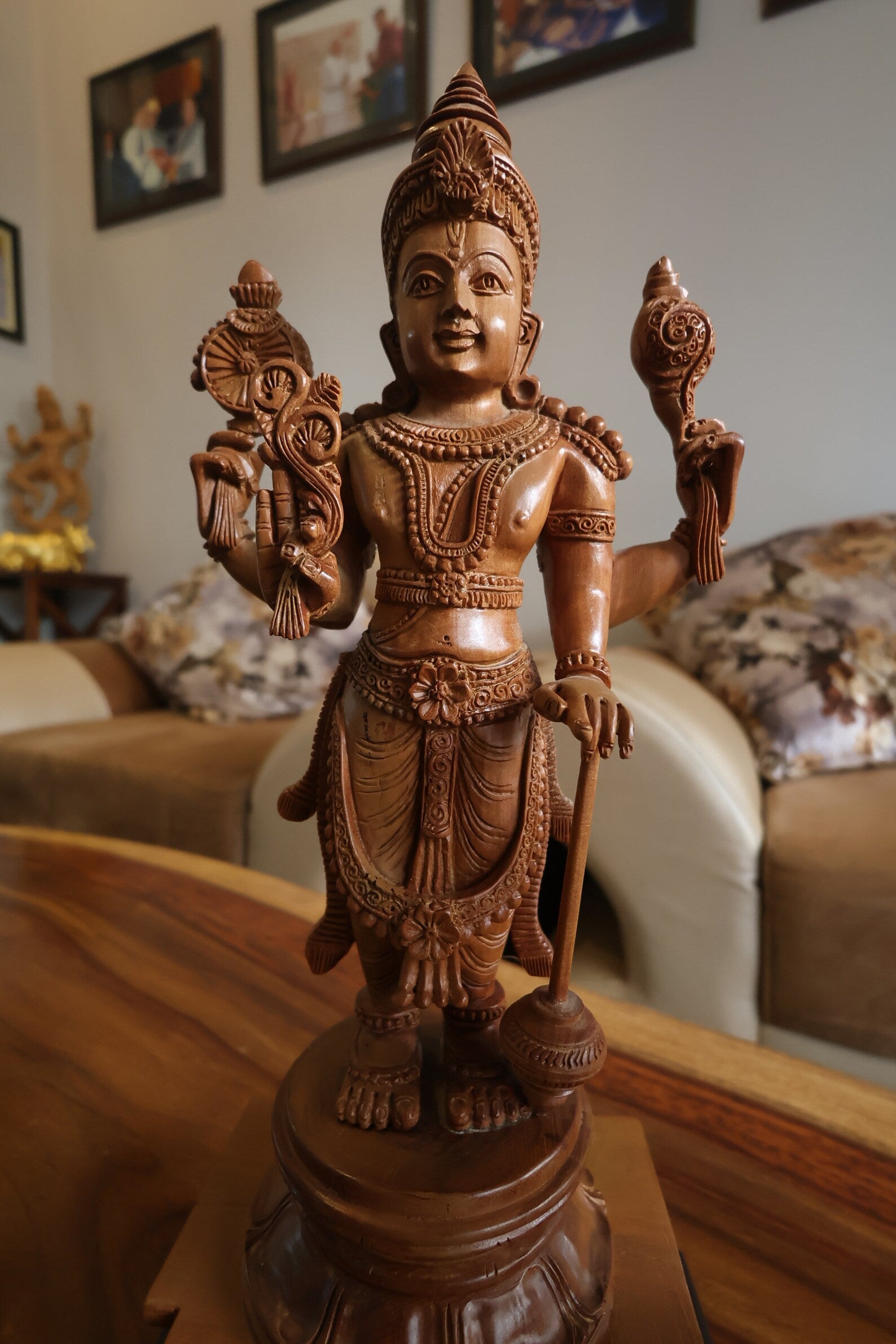 Sandalwood Chola Style Fine Carved Lord Vishnu - Malji Arts