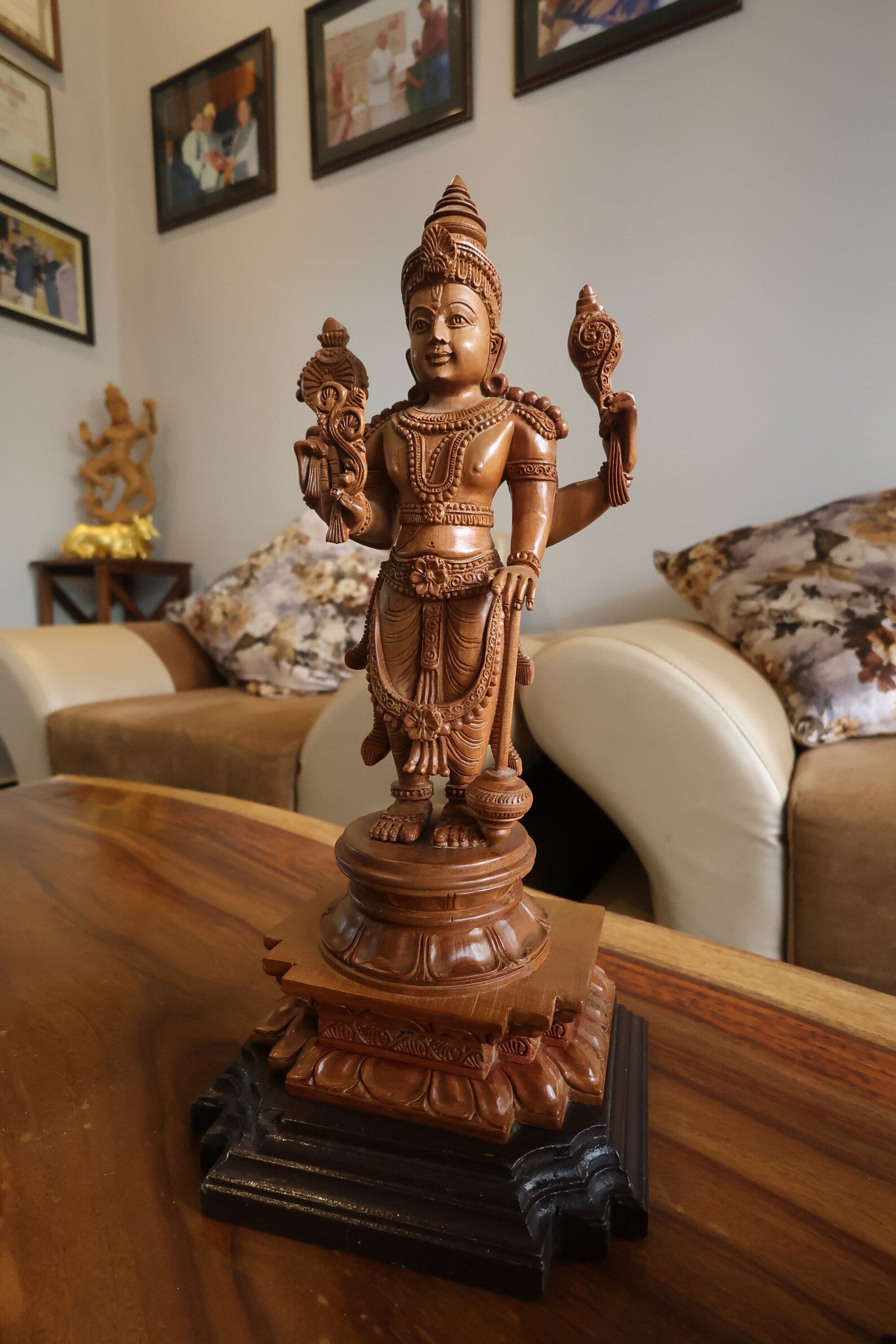 Sandalwood Chola Style Fine Carved Lord Vishnu - Malji Arts