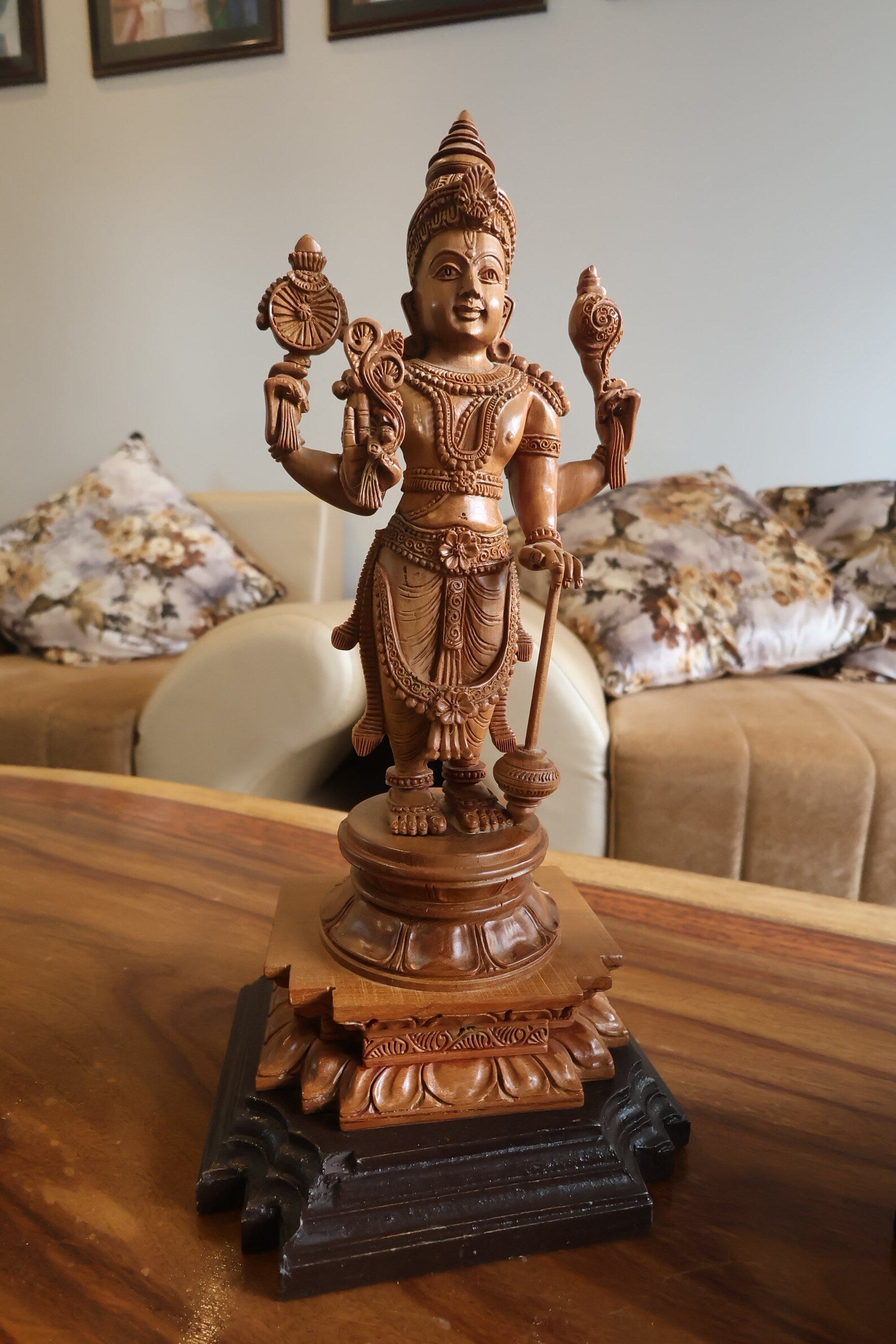 Sandalwood Chola Style Fine Carved Lord Vishnu - Malji Arts