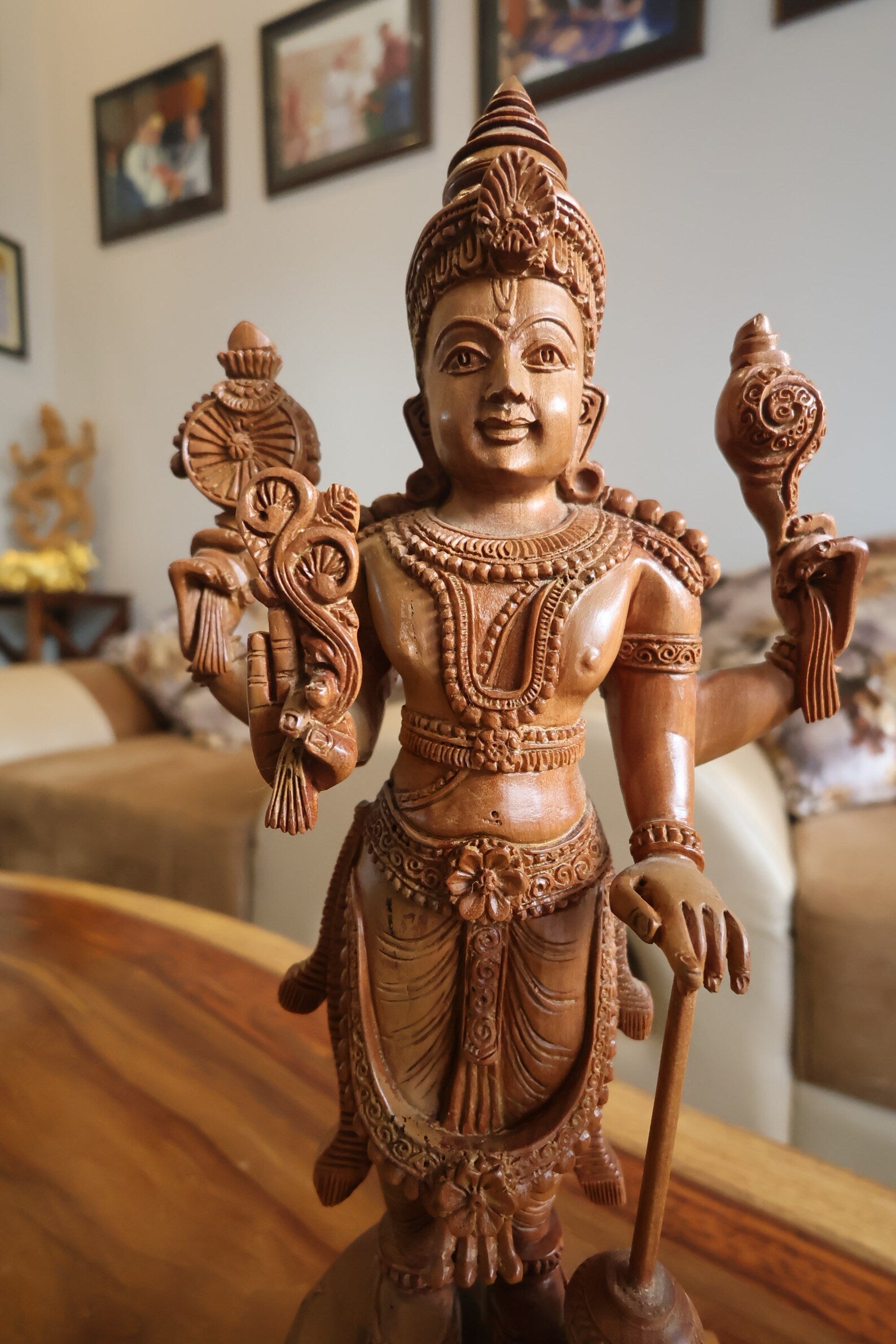 Sandalwood Chola Style Fine Carved Lord Vishnu - Malji Arts