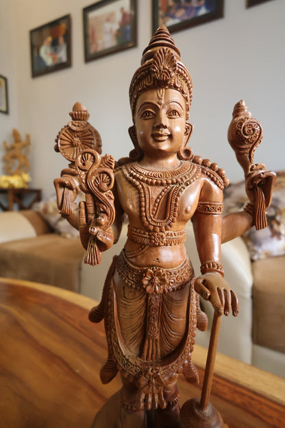 Sandalwood Chola Style Fine Carved Lord Vishnu - Malji Arts