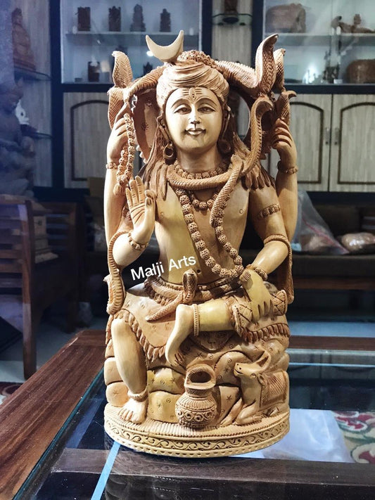 Wooden Shiva Sitting Hand Carved Statue - Malji Arts