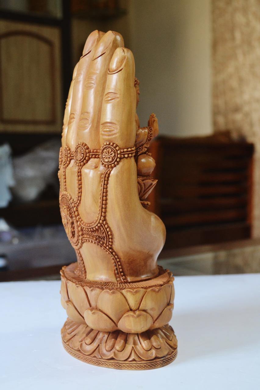 Sandalwood handmade Buddha statue in palm collectible Home Decor Gift - Malji Arts