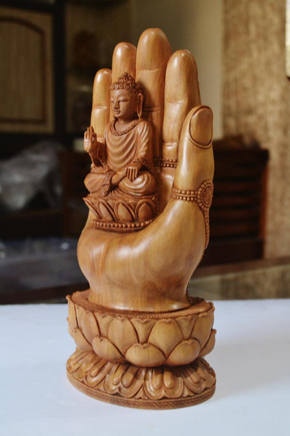 Sandalwood handmade Buddha statue in palm collectible Home Decor Gift - Malji Arts