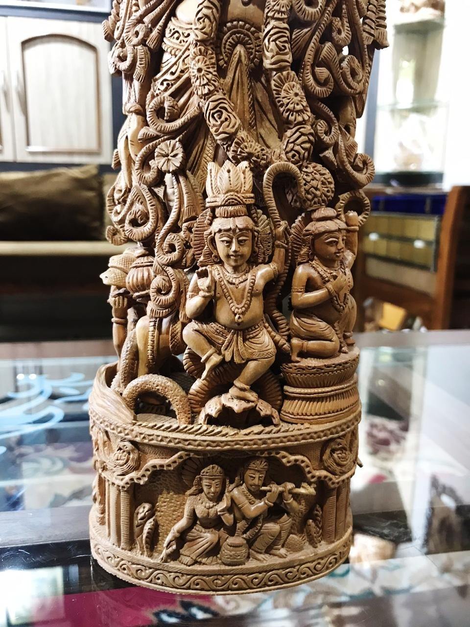 Sandalwood Carved Lord Krishna Statue Collective Art Piece - Malji Arts