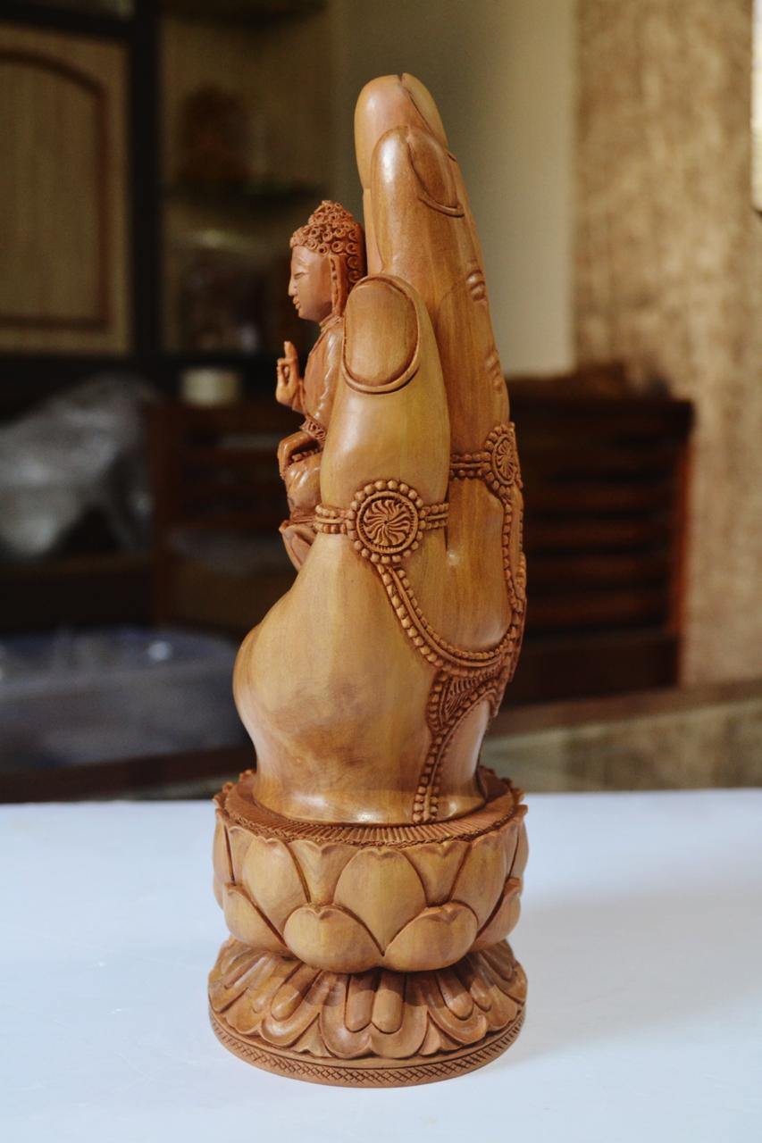 Sandalwood handmade Buddha statue in palm collectible Home Decor Gift - Malji Arts