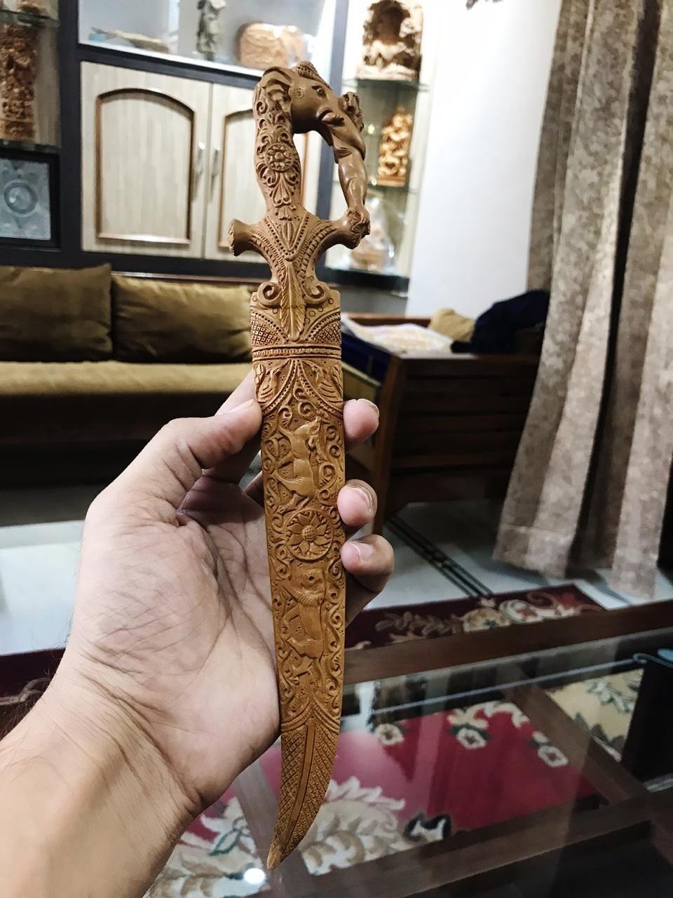 Sandalwood Hand Carved Decorative Indian Small Sword - Malji Arts