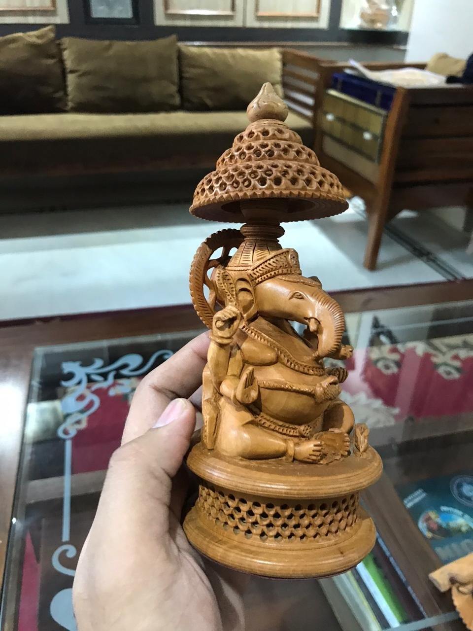 Wooden Round Jali Ganesha Fine Hand Carved Statue - Malji Arts