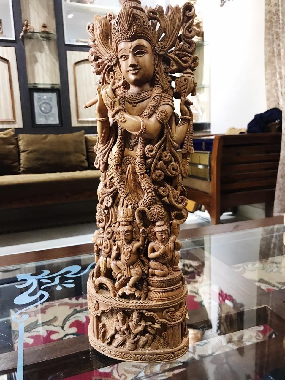 Sandalwood Carved Lord Krishna Statue Collective Art Piece - Malji Arts