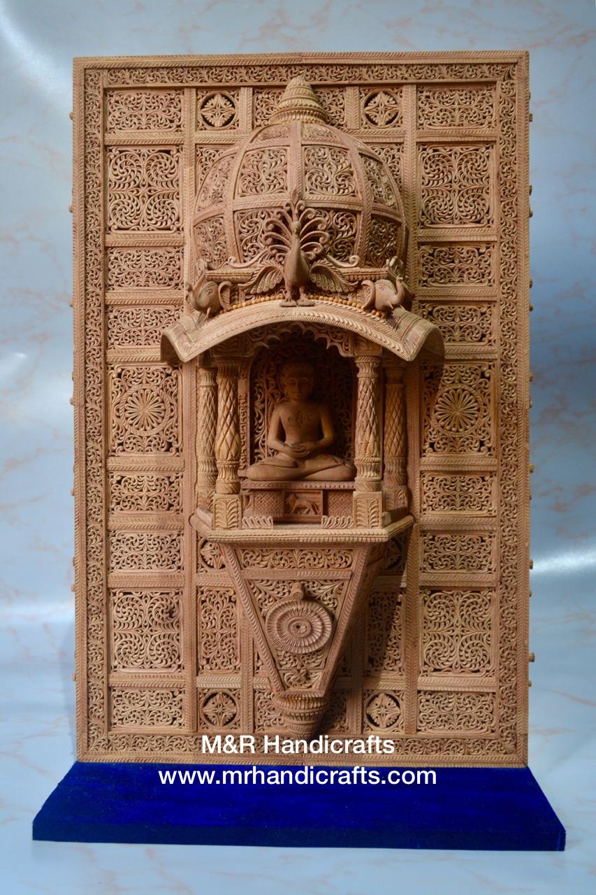Sandalwood Carved Lord Mahaveera Jainism Jharokha with 14 Opening Lids - Malji Arts
