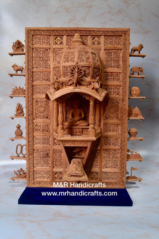 Sandalwood Carved Lord Mahaveera Jainism Jharokha with 14 Opening Lids - Malji Arts