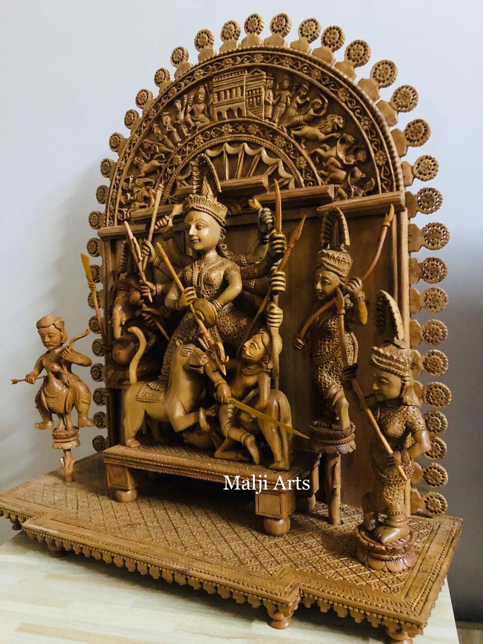 Large Sandalwood "Shrine of Goddess Durga" Mahishasuramardini - Malji Arts
