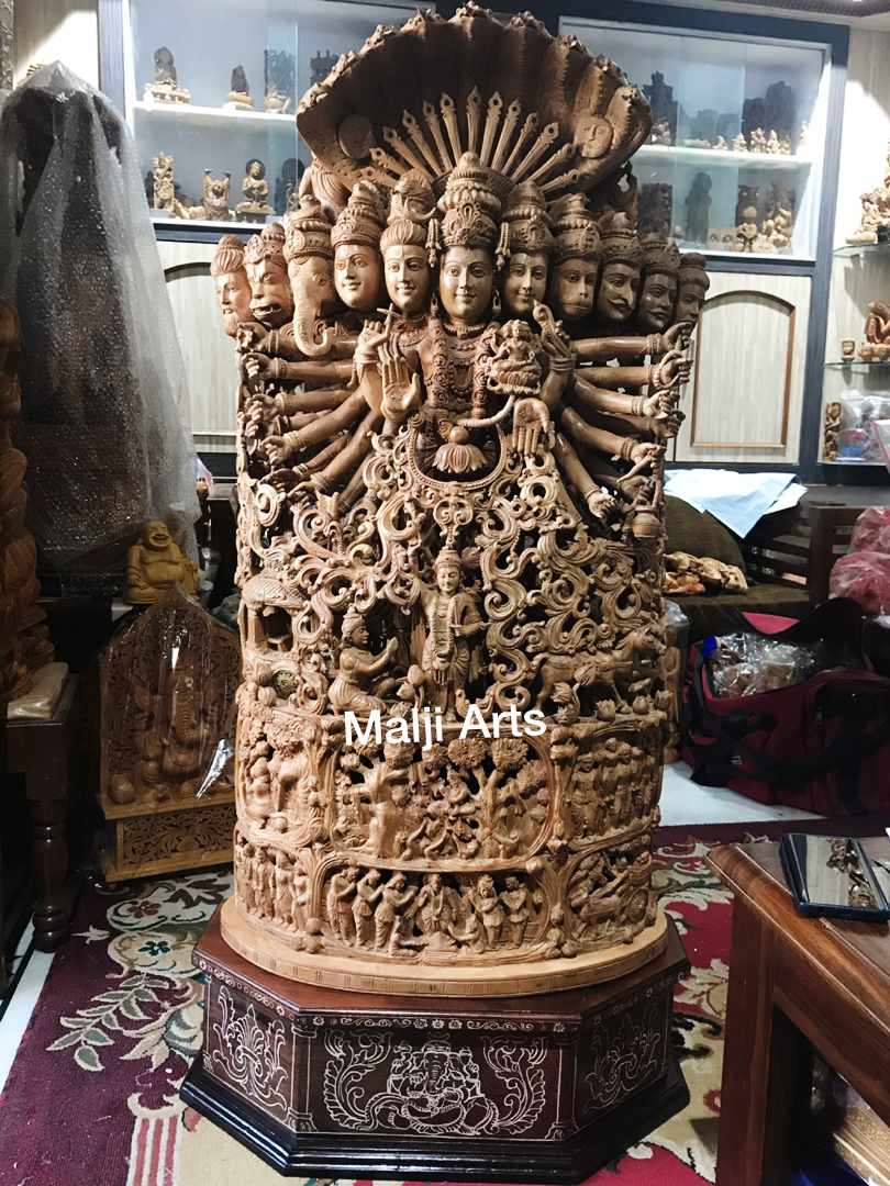 Sandalwood Fine Carved Viswaroopam With Mahabharata Story Sculpture - Malji Arts