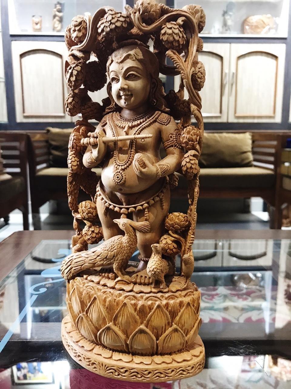 Wooden Fine Hand Carved Standing Baby Krishna Statue - Malji Arts