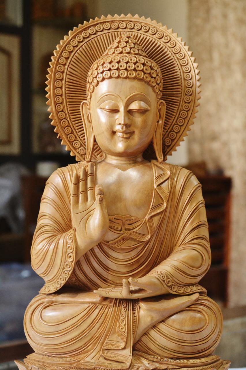 Large Sandalwood Fine Hand Carved Buddha Sitting Statue - Malji Arts