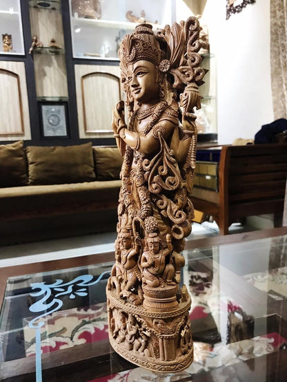 Sandalwood Carved Lord Krishna Statue Collective Art Piece - Malji Arts