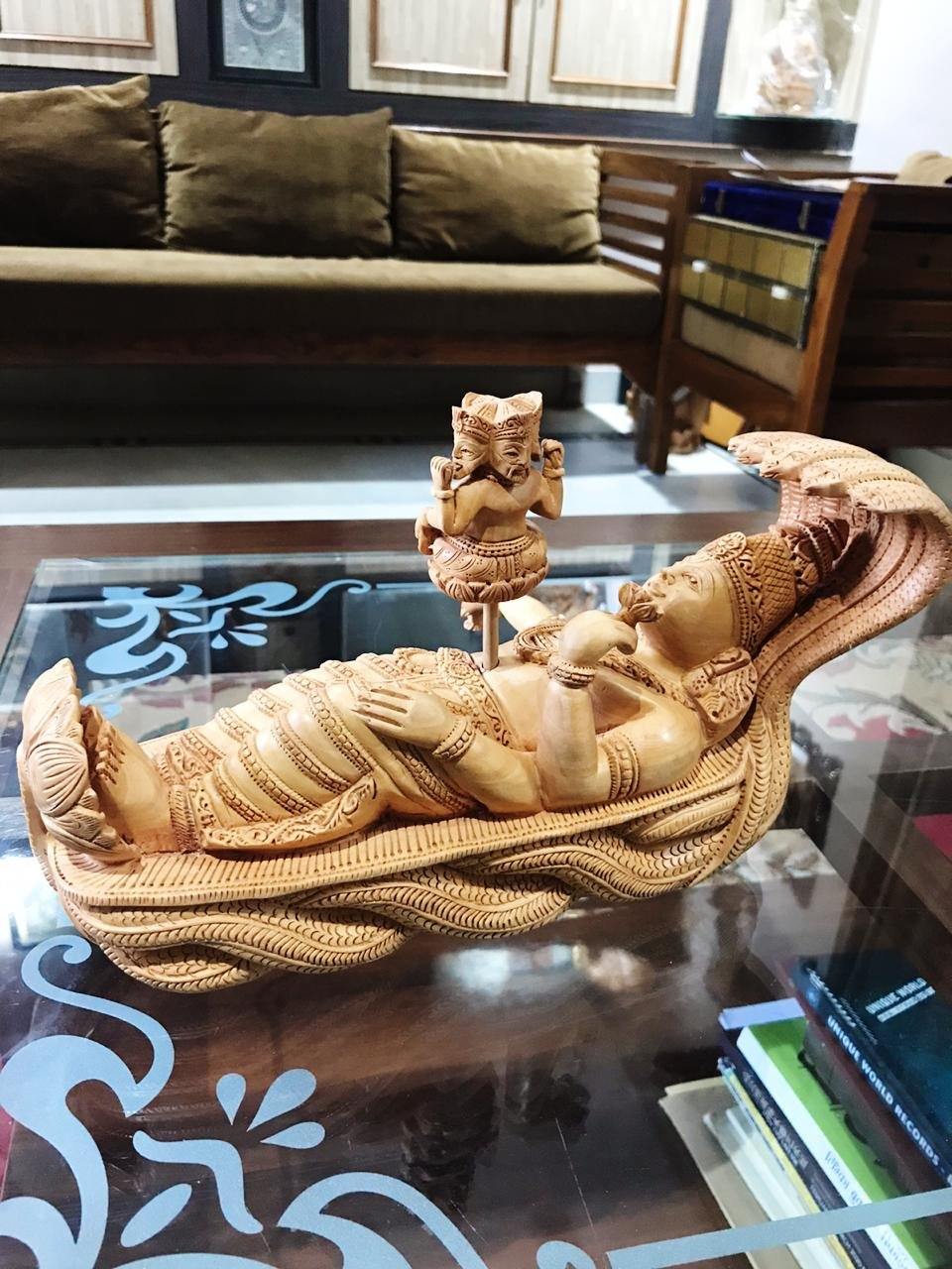 Wooden Sleeping Lord Vishnu Fine Carved Statue - Malji Arts