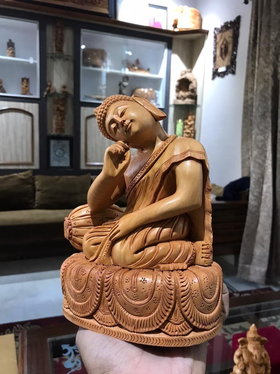 Wooden Smiling Buddha Resting Statue - Malji Arts