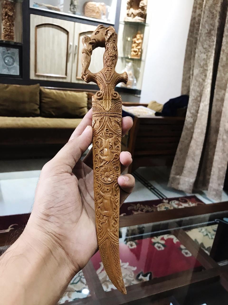Sandalwood Hand Carved Decorative Indian Small Sword - Malji Arts