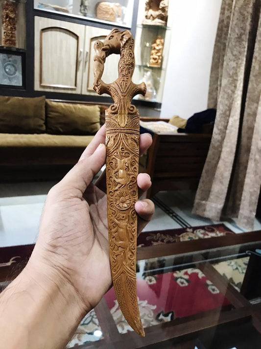 Sandalwood Hand Carved Decorative Indian Small Sword - Malji Arts