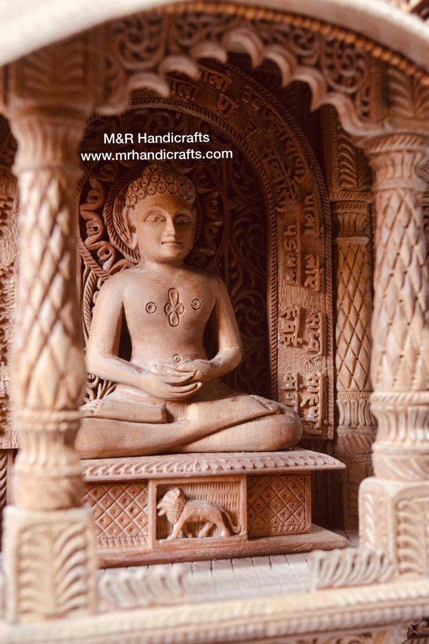 Sandalwood Carved Lord Mahaveera Jainism Jharokha with 14 Opening Lids - Malji Arts