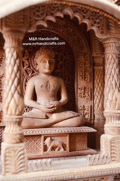 Sandalwood Carved Lord Mahaveera Jainism Jharokha with 14 Opening Lids - Malji Arts