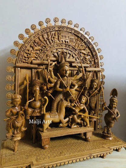 Large Sandalwood "Shrine of Goddess Durga" Mahishasuramardini - Malji Arts