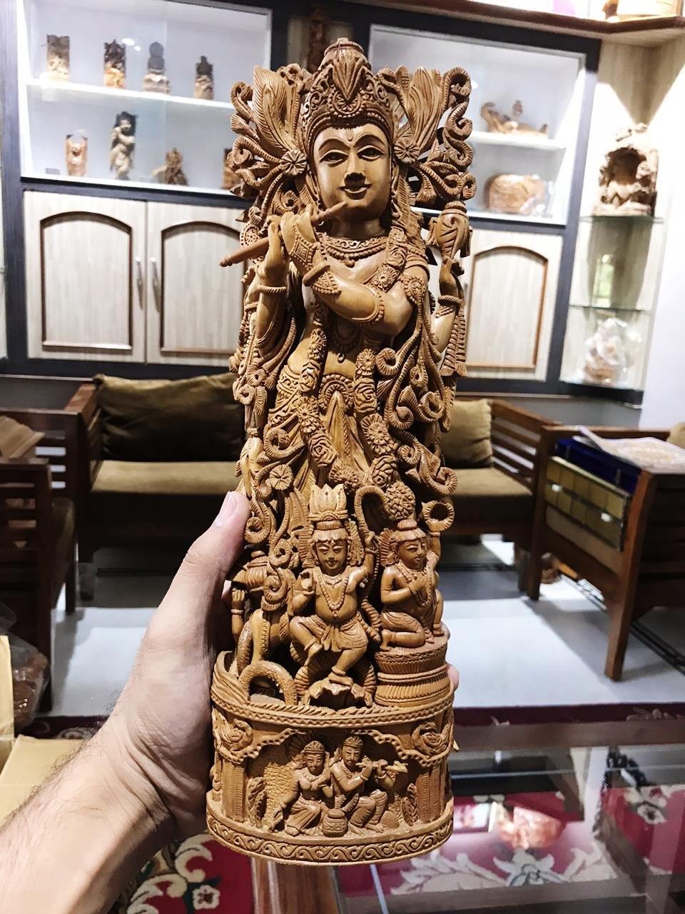 Sandalwood Carved Lord Krishna Statue Collective Art Piece - Malji Arts