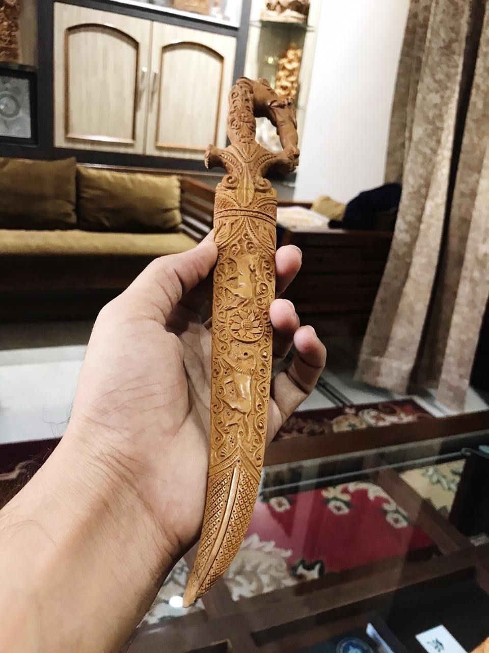 Sandalwood Hand Carved Decorative Indian Small Sword - Malji Arts