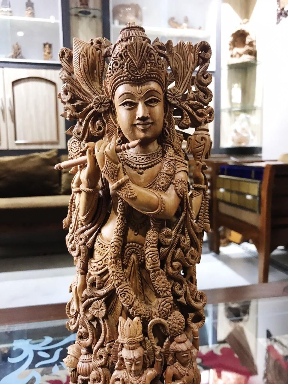 Sandalwood Carved Lord Krishna Statue Collective Art Piece - Malji Arts