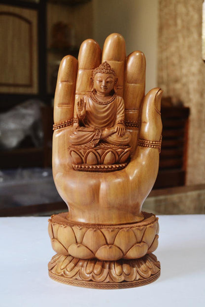 Sandalwood handmade Buddha statue in palm collectible Home Decor Gift - Malji Arts