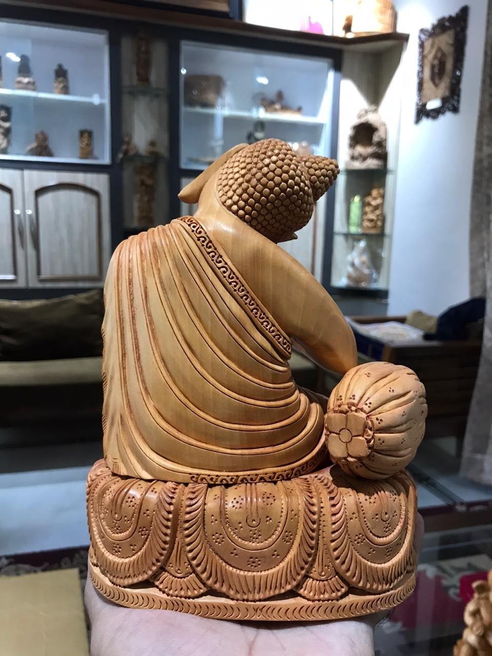 Wooden Smiling Buddha Resting Statue - Malji Arts