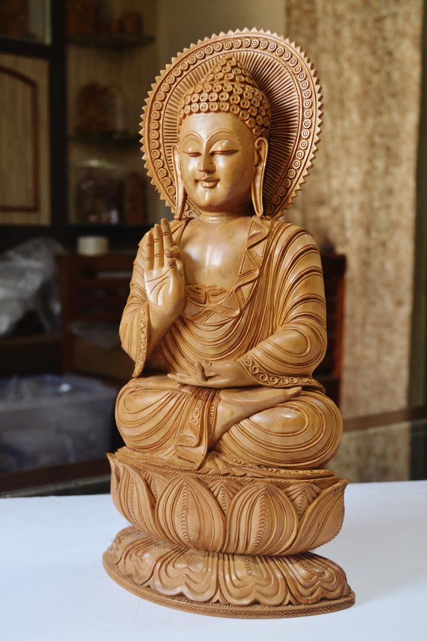 Large Sandalwood Fine Hand Carved Buddha Sitting Statue - Malji Arts