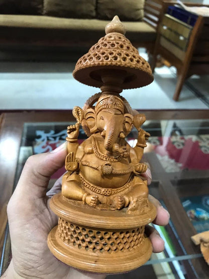 Wooden Round Jali Ganesha Fine Hand Carved Statue - Malji Arts