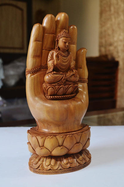 Sandalwood handmade Buddha statue in palm collectible Home Decor Gift - Malji Arts