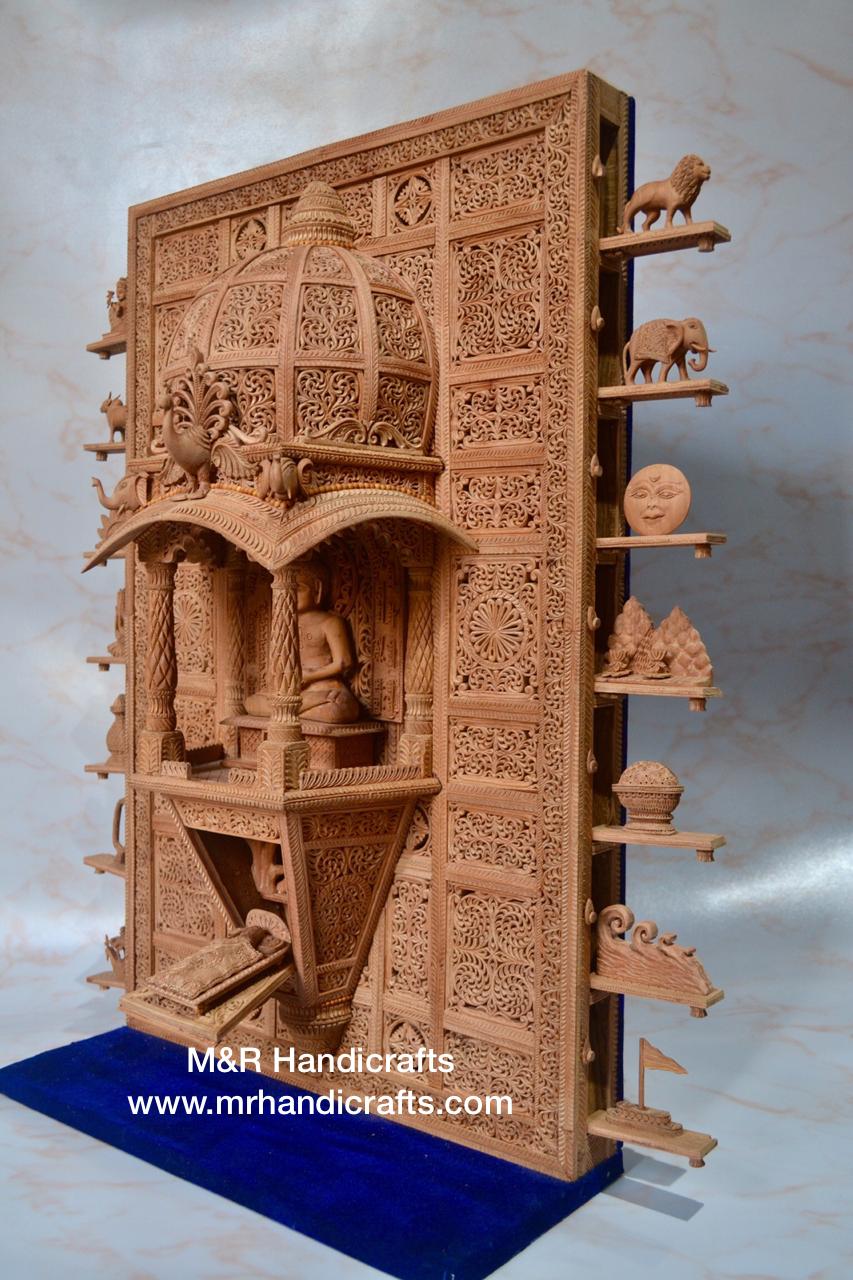 Sandalwood Carved Lord Mahaveera Jainism Jharokha with 14 Opening Lids - Malji Arts