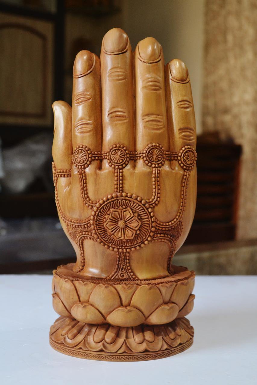 Sandalwood handmade Buddha statue in palm collectible Home Decor Gift - Malji Arts