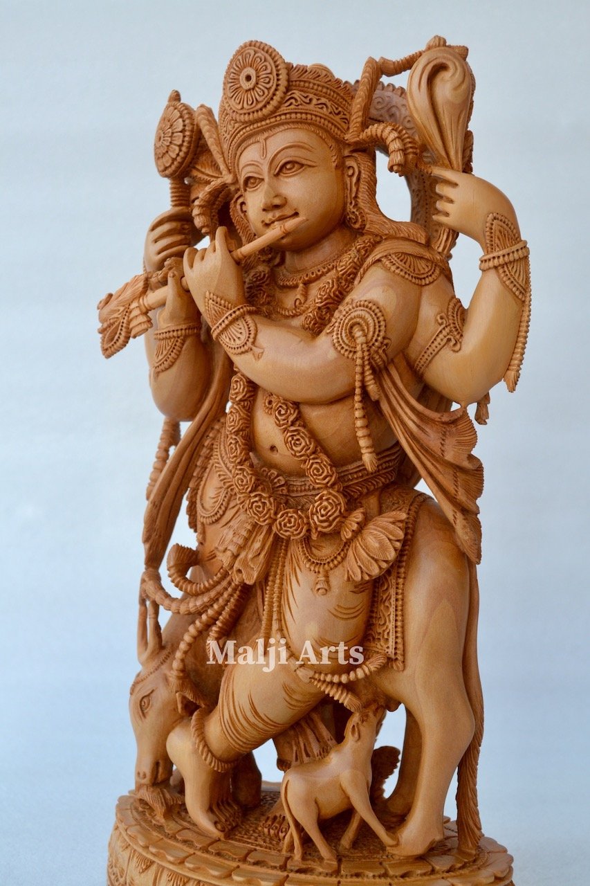 Standing Krishna Statue with Cow Wooden Fine Hand Carved Statue - Malji Arts
