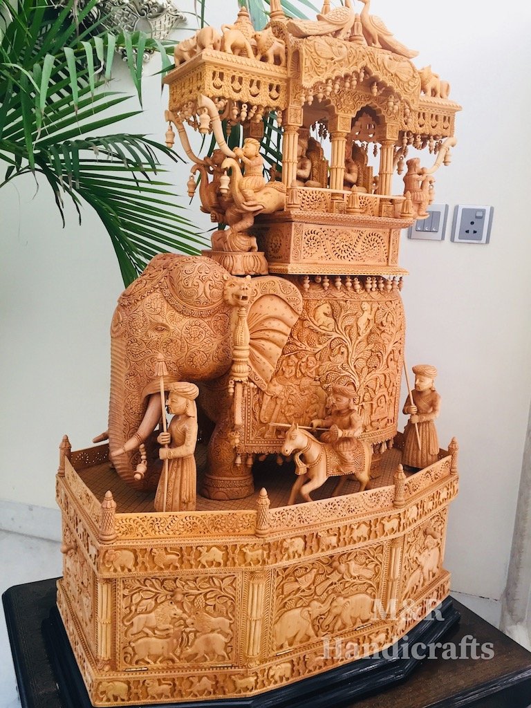 Wooden fine Carved Royal Elephant Ambabari - Malji Arts