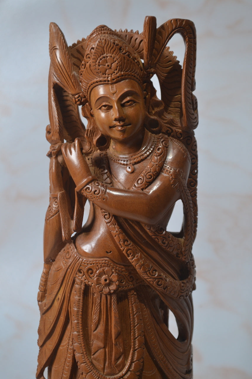 Sandalwood Hand Carved Indian Lord Krishna Statue - Malji Arts
