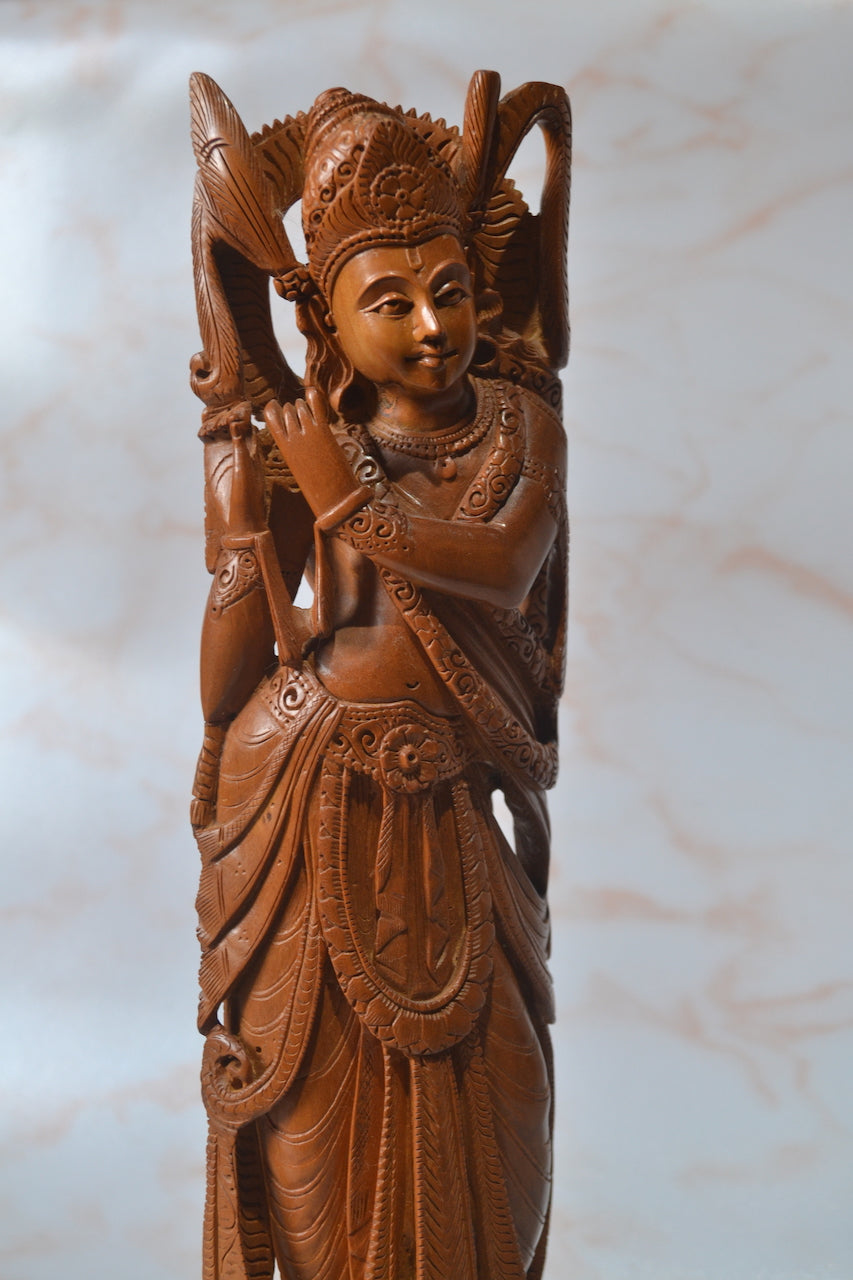 Sandalwood Hand Carved Indian Lord Krishna Statue - Malji Arts