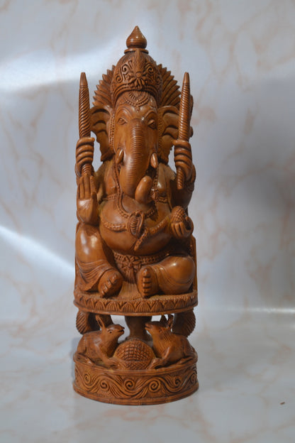 Sandalwood Solid Round Fine hand carved Ganesha Statue - Malji Arts