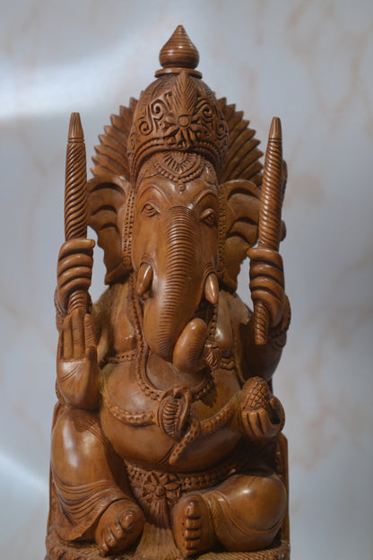 Sandalwood Solid Round Fine hand carved Ganesha Statue - Malji Arts