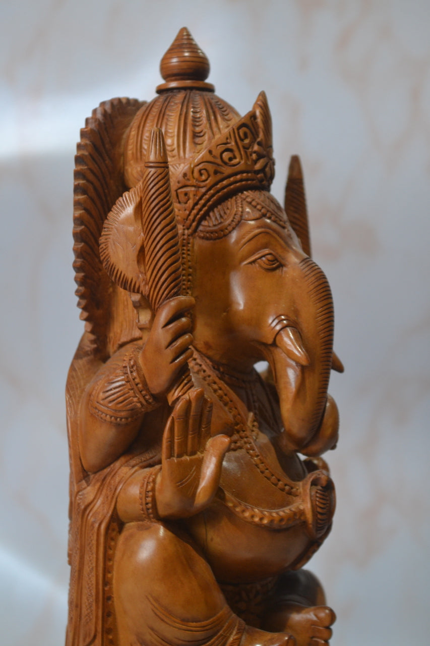 Sandalwood Solid Round Fine hand carved Ganesha Statue - Malji Arts