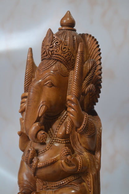 Sandalwood Solid Round Fine hand carved Ganesha Statue - Malji Arts