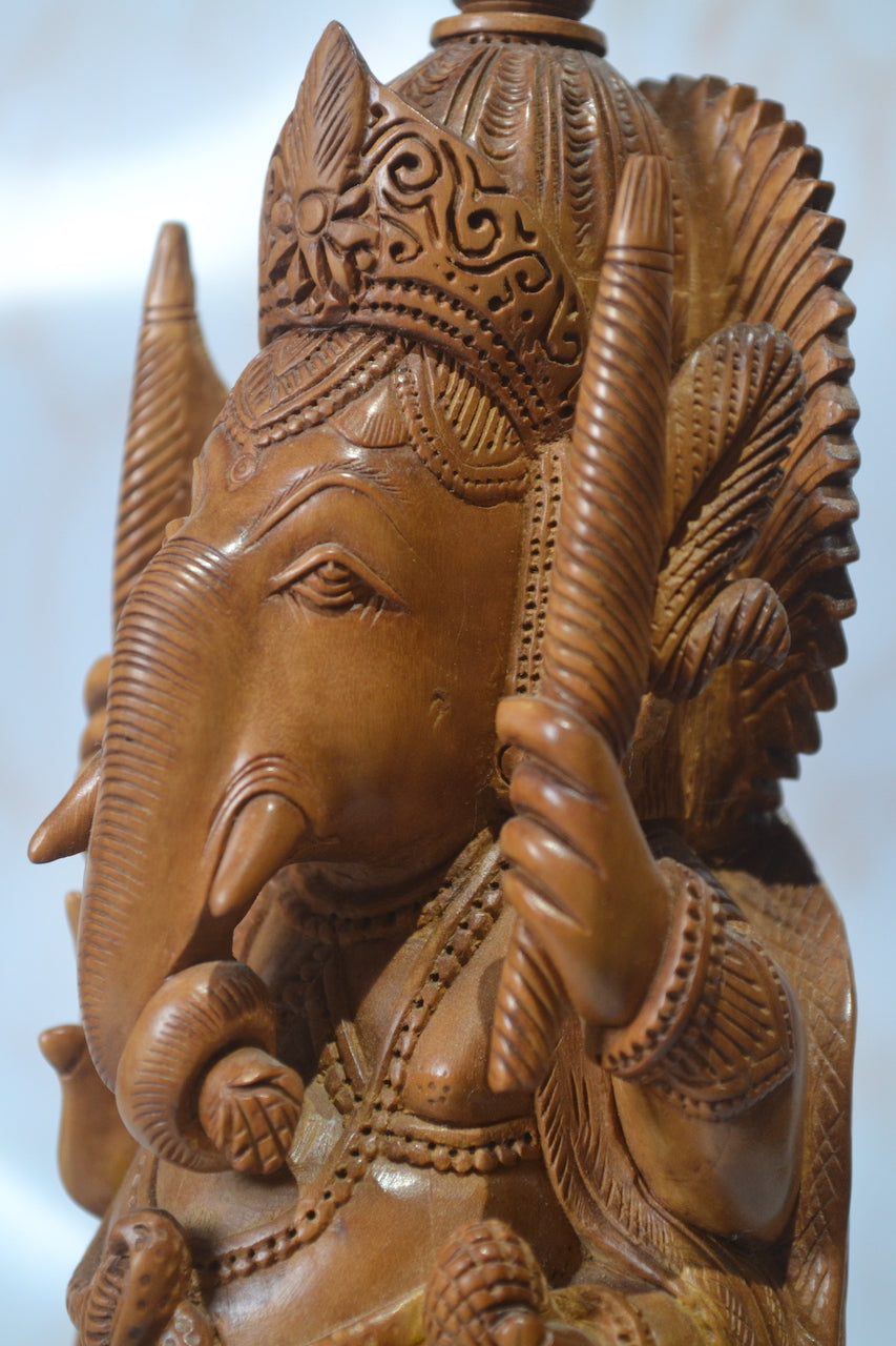 Sandalwood Solid Round Fine hand carved Ganesha Statue - Malji Arts