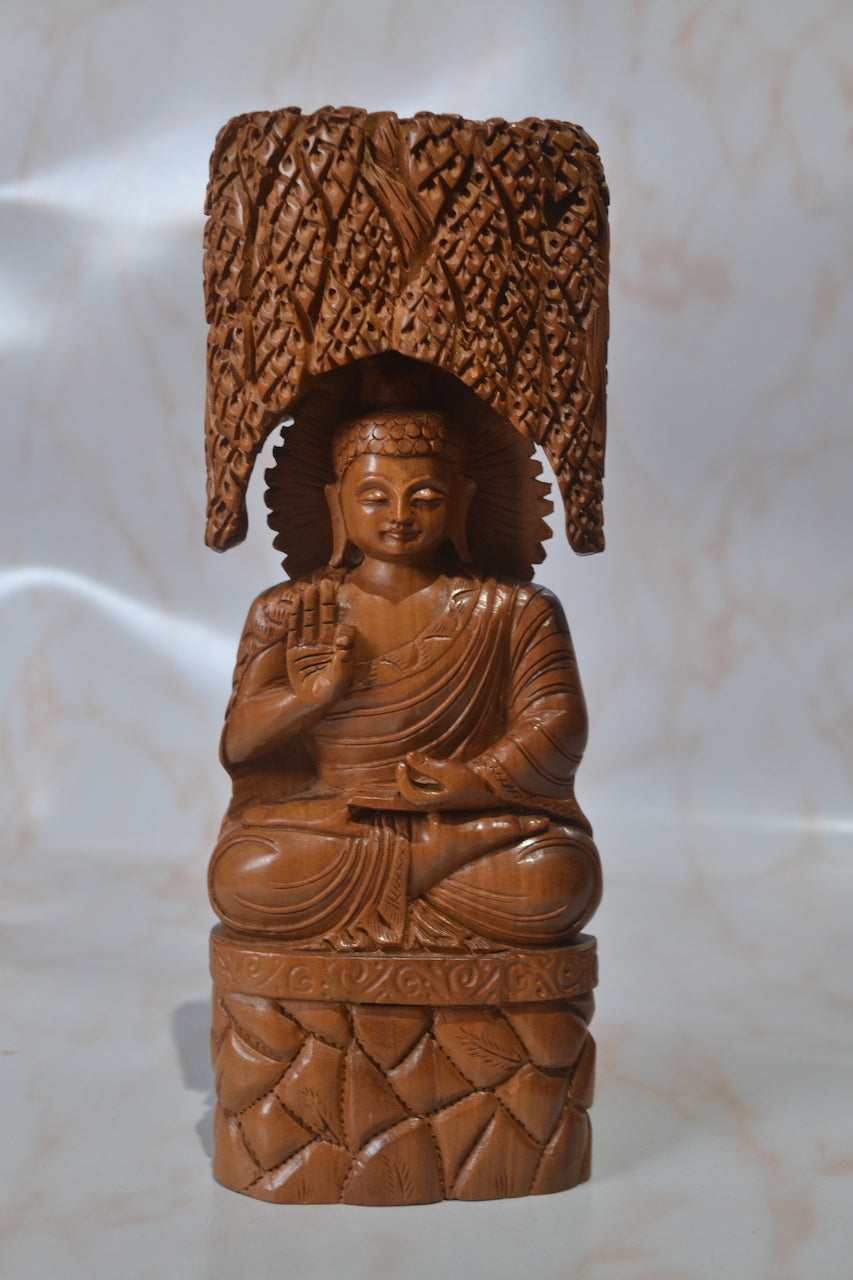 Sandalwood Carved Buddha Sitting under Tree Statue - Malji Arts